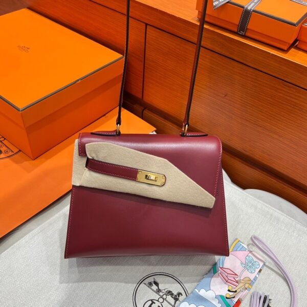 55 Rouge H Hermes Kelly Desordre 20 Box Leather Gold Hardware All Handmade