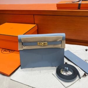 T0 Blue Brume Hermes Kelly Danse Bag Evercolor Leather All Handmade Gold Hardware