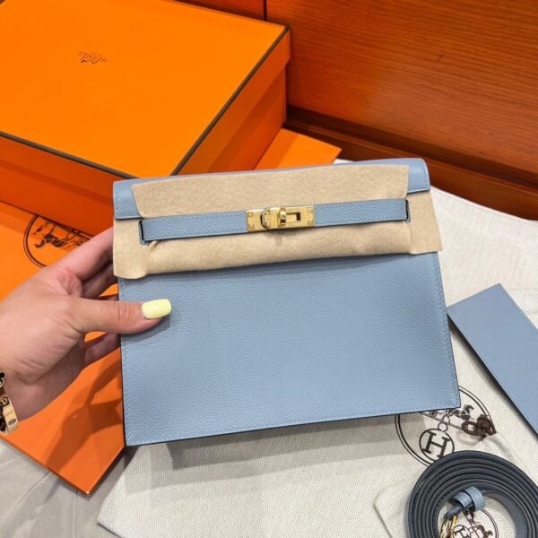 T0 Blue Brume Hermes Kelly Danse Bag Evercolor Leather All Handmade Gold Hardware