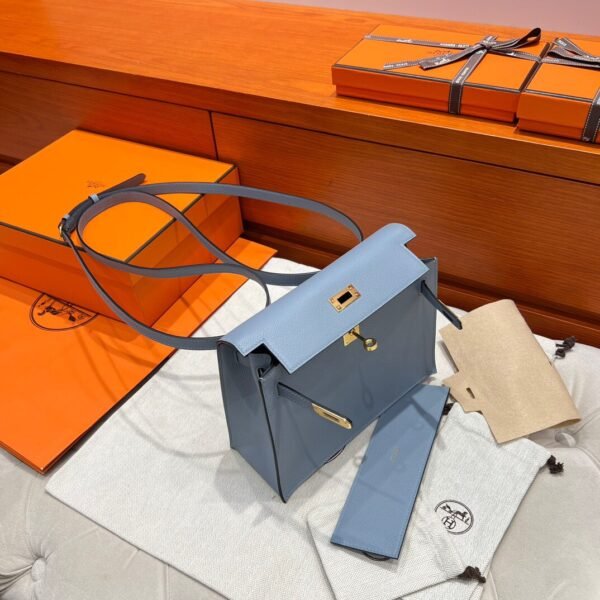 T0 Blue Brume Hermes Kelly Danse Bag Evercolor Leather All Handmade Gold Hardware