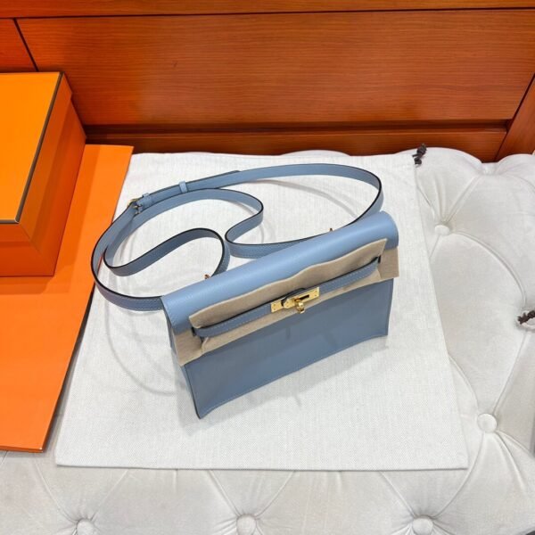 T0 Blue Brume Hermes Kelly Danse Bag Evercolor Leather All Handmade Gold Hardware