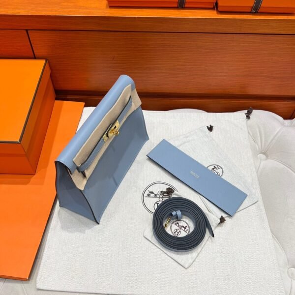 T0 Blue Brume Hermes Kelly Danse Bag Evercolor Leather All Handmade Gold Hardware