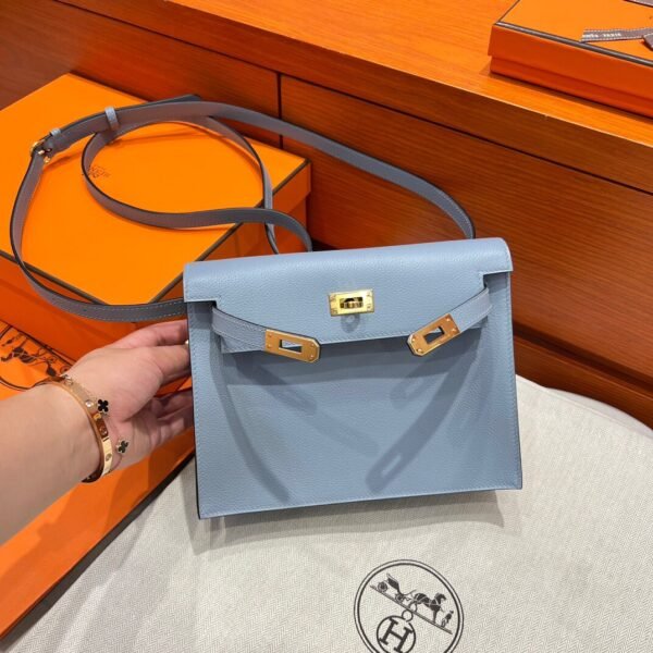 T0 Blue Brume Hermes Kelly Danse Bag Evercolor Leather All Handmade Gold Hardware