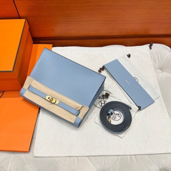 T0 Blue Brume Hermes Kelly Danse Bag Evercolor Leather All Handmade Gold Hardware