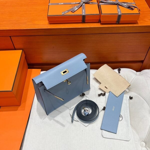 T0 Blue Brume Hermes Kelly Danse Bag Evercolor Leather All Handmade Gold Hardware