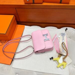3Q Rose Sakura Hermes Constance 19CM Miroir Bag Chever Leather Silver Hardware All Handmade