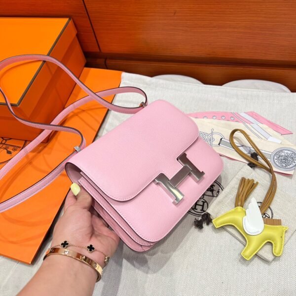 3Q Rose Sakura Hermes Constance 19CM Miroir Bag Chever Leather Silver Hardware All Handmade