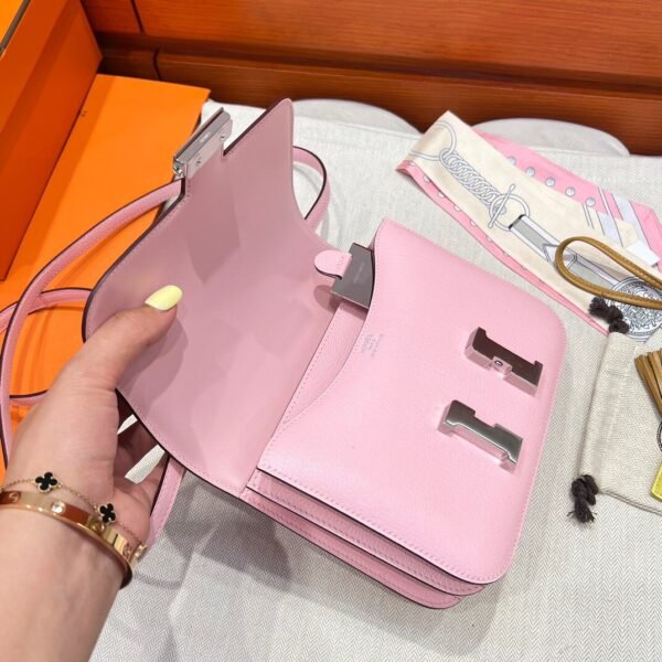 3Q Rose Sakura Hermes Constance 19CM Miroir Bag Chever Leather Silver Hardware All Handmade