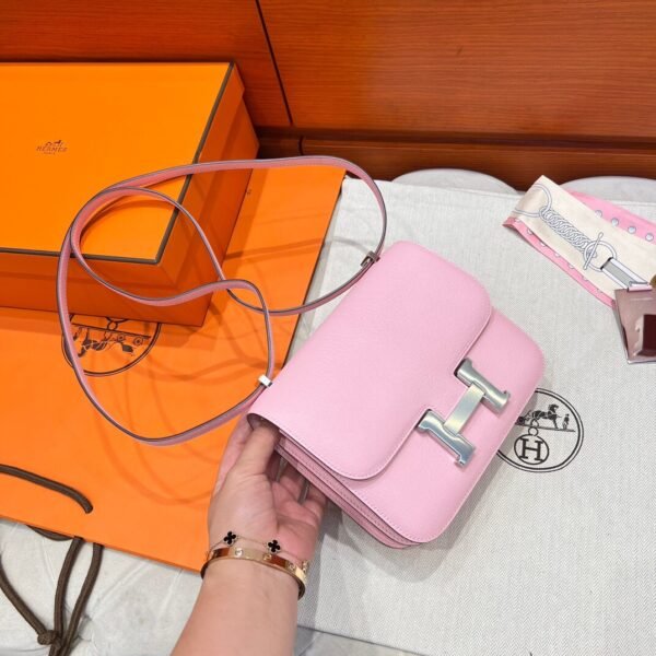 3Q Rose Sakura Hermes Constance 19CM Miroir Bag Chever Leather Silver Hardware All Handmade