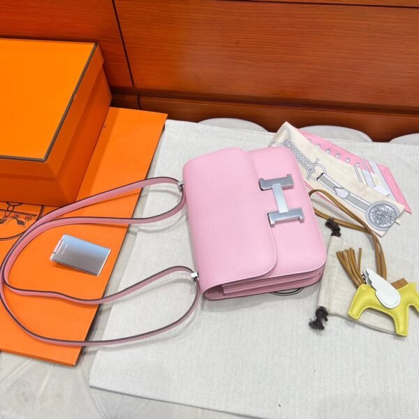 3Q Rose Sakura Hermes Constance 19CM Miroir Bag Chever Leather Silver Hardware All Handmade