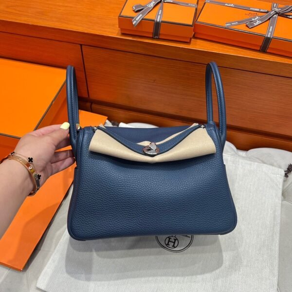 7P Blue De Presse Hermes Lindy 26CM Bag Clememce Leather Silver Hardware All Handmade