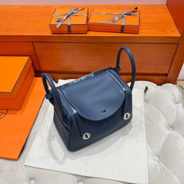 7P Blue De Presse Hermes Lindy 26CM Bag Clememce Leather Silver Hardware All Handmade