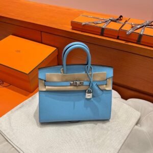 7N Celeste Birkin 25CM Epsom Leather Silver Hardware Full Handmade