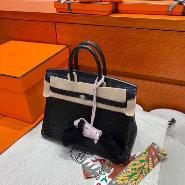 CK89 Black Birkin 25CM Lizard Leather Silver Hardware Full Handmade