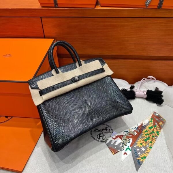 CK89 Black Birkin 25CM Lizard Leather Silver Hardware Full Handmade