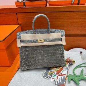 CK81 Gris Tourterelle Birkin 25CM Shiny Crocodile Leather Gold Hardware Full Handmade