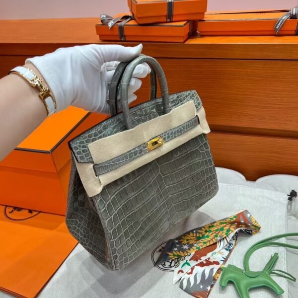 CK81 Gris Tourterelle Birkin 25CM Shiny Crocodile Leather Gold Hardware Full Handmade