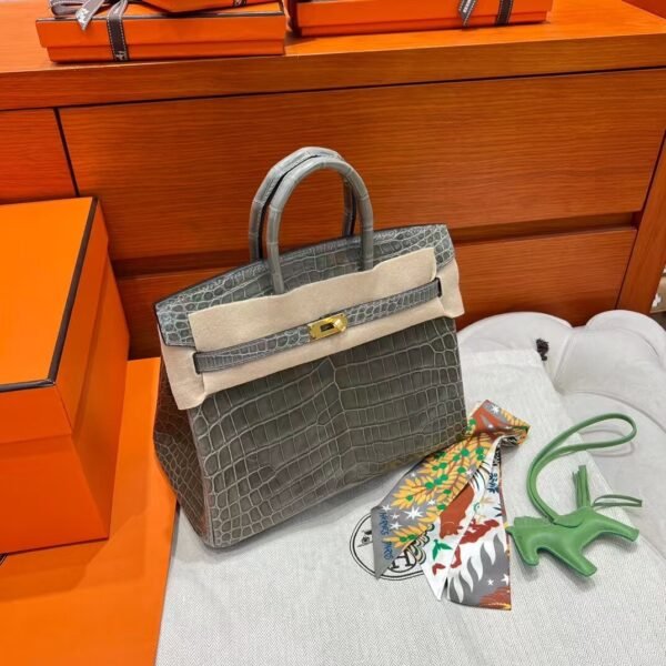 CK81 Gris Tourterelle Birkin 25CM Shiny Crocodile Leather Gold Hardware Full Handmade