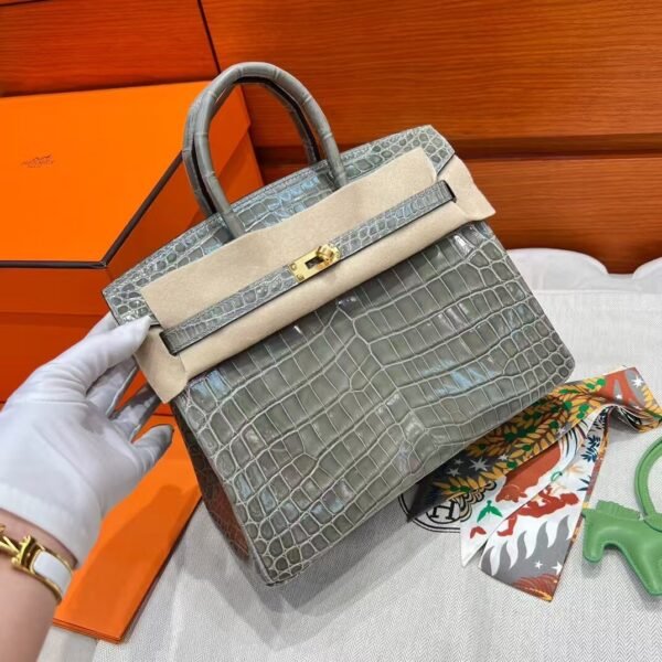 CK81 Gris Tourterelle Birkin 25CM Shiny Crocodile Leather Gold Hardware Full Handmade