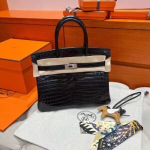 CK89 Black Birkin 30CM Shiny HCP Crocodile Leather Silver Hardware Full Handmade