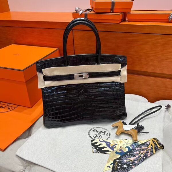 CK89 Black Birkin 30CM Shiny HCP Crocodile Leather Silver Hardware Full Handmade