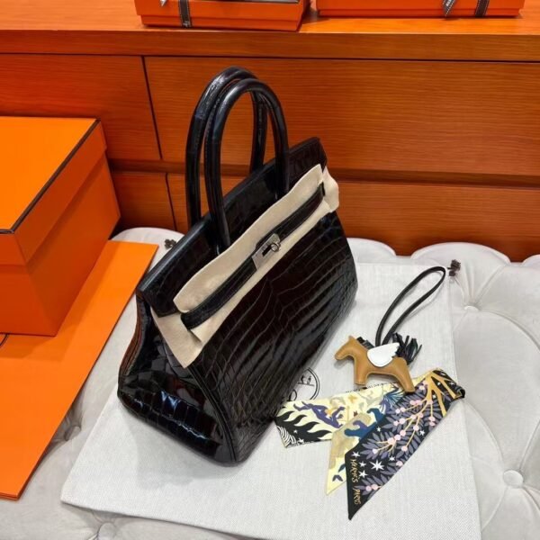 CK89 Black Birkin 30CM Shiny HCP Crocodile Leather Silver Hardware Full Handmade