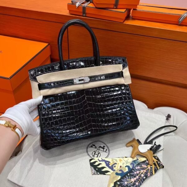 CK89 Black Birkin 30CM Shiny HCP Crocodile Leather Silver Hardware Full Handmade