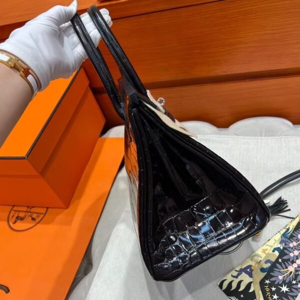 CK89 Black Birkin 30CM Shiny HCP Crocodile Leather Silver Hardware Full Handmade