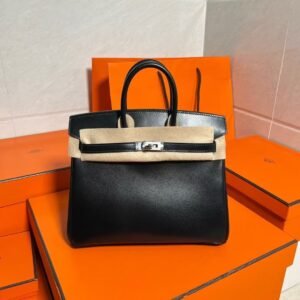 Ck89 Black/Noir Birkin 25CM Box Leather Silver Hardware Full Handmade