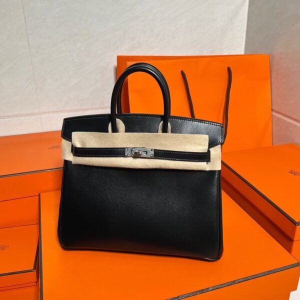 Ck89 Black/Noir Birkin 25CM Box Leather Silver Hardware Full Handmade