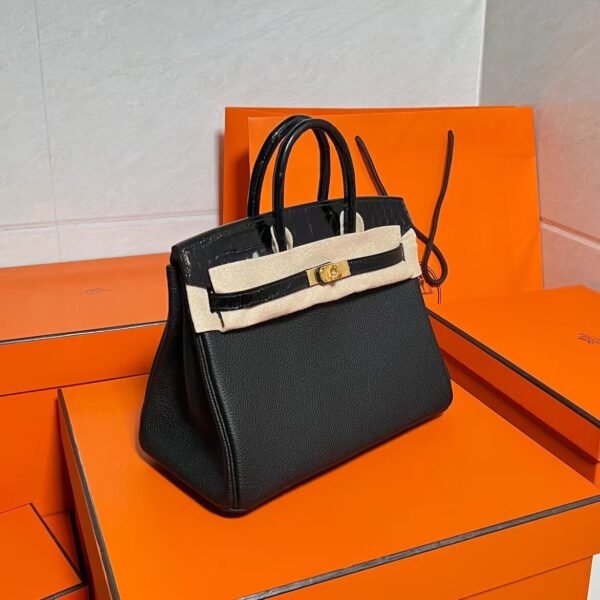 CK89 Black Birkin 25CM Togo / Shiny Crocodile Leather Gold Hardware Full Handmade