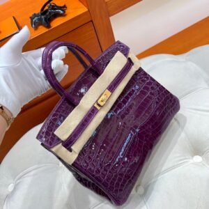 N5 Cassis Birkin 25cm Nile Shiny Crocodile Leather Gold Hardware Full Handmade