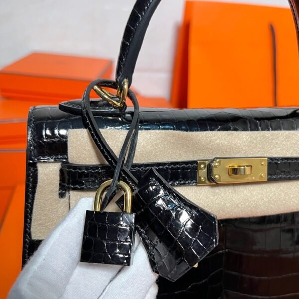 Kelly 25CM France HCP Alligator Shiny Crocodile CK89 Noir Gold Hardware Full Handmade