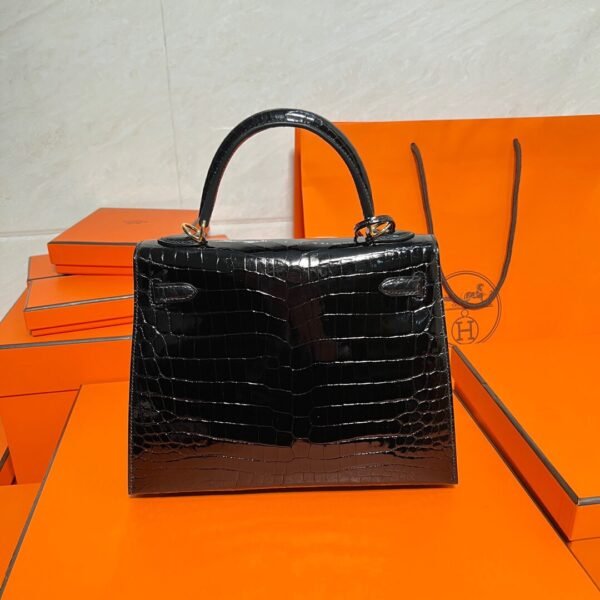 Kelly 25CM France HCP Alligator Shiny Crocodile CK89 Noir Gold Hardware Full Handmade