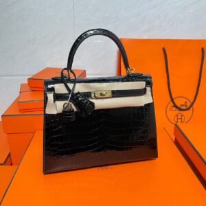 Kelly 25CM France HCP Alligator Shiny Crocodile CK89 Noir Gold Hardware Full Handmade