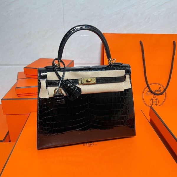 Kelly 25CM France HCP Alligator Shiny Crocodile CK89 Noir Gold Hardware Full Handmade