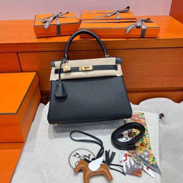 CK89 Black Kelly 25CM Togo Leather Gold Hardware Full Handmade
