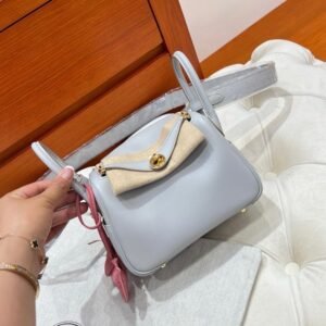 80 Pearl Gray Mini lindy 19cm Swift Leather Gold Hardware Full Handmade