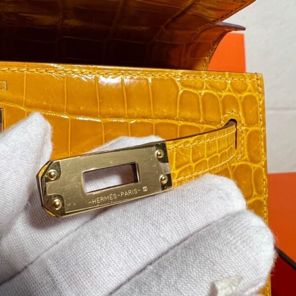 9D Jaune poussin Kelly 25CM Shiny Crocodile Leather Gold Hardware Full Handmade