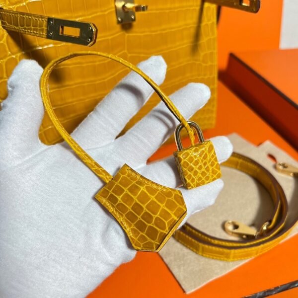 9D Jaune poussin Kelly 25CM Shiny Crocodile Leather Gold Hardware Full Handmade