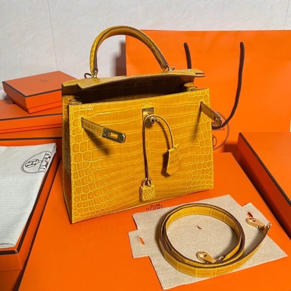 9D Jaune poussin Kelly 25CM Shiny Crocodile Leather Gold Hardware Full Handmade