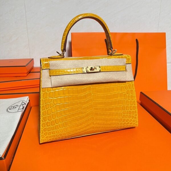9D Jaune poussin Kelly 25CM Shiny Crocodile Leather Gold Hardware Full Handmade
