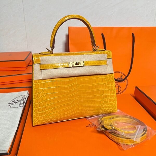 9D Jaune poussin Kelly 25CM Shiny Crocodile Leather Gold Hardware Full Handmade