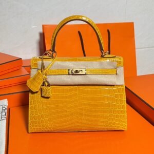 9D Jaune poussin Kelly 25CM Shiny Crocodile Leather Gold Hardware Full Handmade
