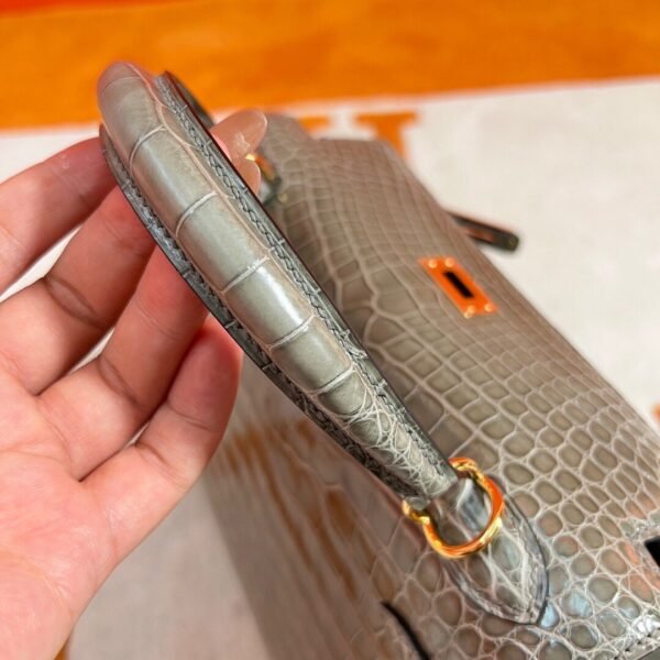 CK81 Gris Tourterelle Kelly 25CM Shiny Alligator Crocodile Leather Gold Hardware Full Handmade