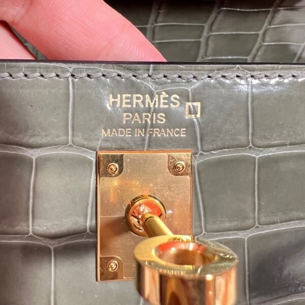 CK81 Gris Tourterelle Kelly 25CM Shiny Alligator Crocodile Leather Gold Hardware Full Handmade