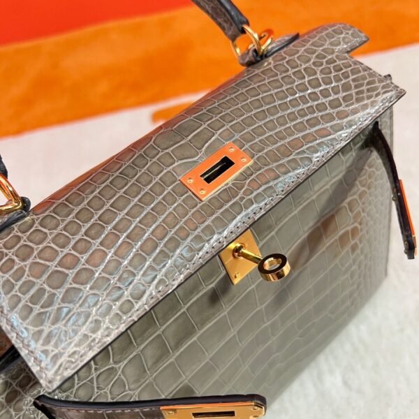 CK81 Gris Tourterelle Kelly 25CM Shiny Alligator Crocodile Leather Gold Hardware Full Handmade