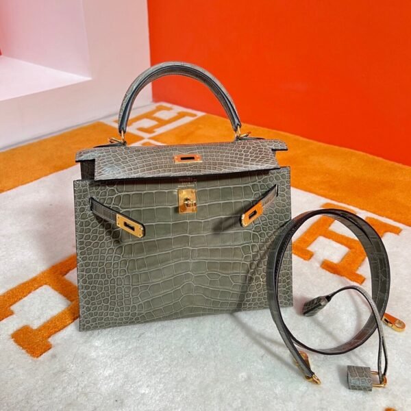 CK81 Gris Tourterelle Kelly 25CM Shiny Alligator Crocodile Leather Gold Hardware Full Handmade
