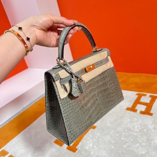 CK81 Gris Tourterelle Kelly 25CM Shiny Alligator Crocodile Leather Gold Hardware Full Handmade