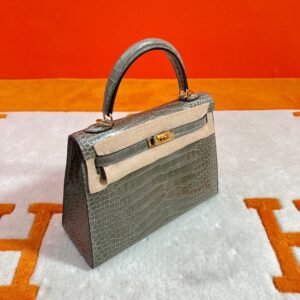 CK81 Gris Tourterelle Kelly 25CM Shiny Alligator Crocodile Leather Gold Hardware Full Handmade